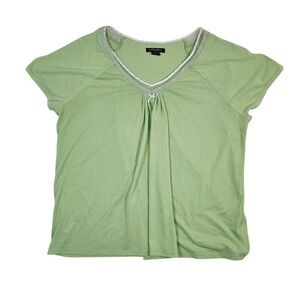 Earth Angels Sage Green Lace Trim V-Neck Bow Top XXL Short Sleeve Raglan Blouse
